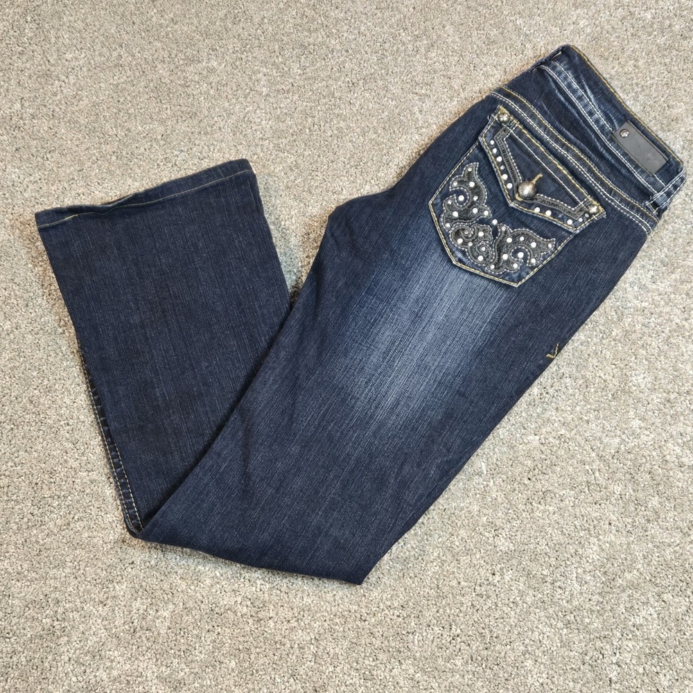 ANTIQUE RIVET STUDDED BOOT CUT WOMEN'S JEANS BLUE, DISTRESSED SIZE 29